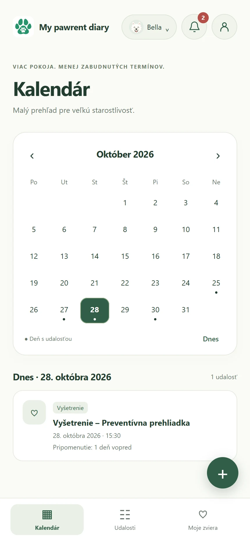 Obrazovka aplikácie My pawrent diary: Kalendár