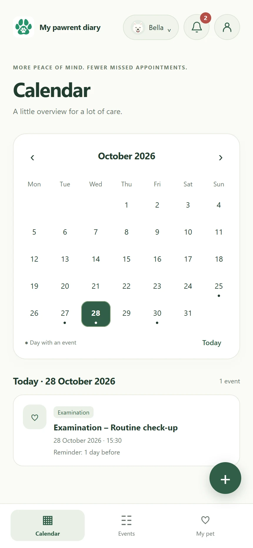 My pawrent diary app screen: Calendar