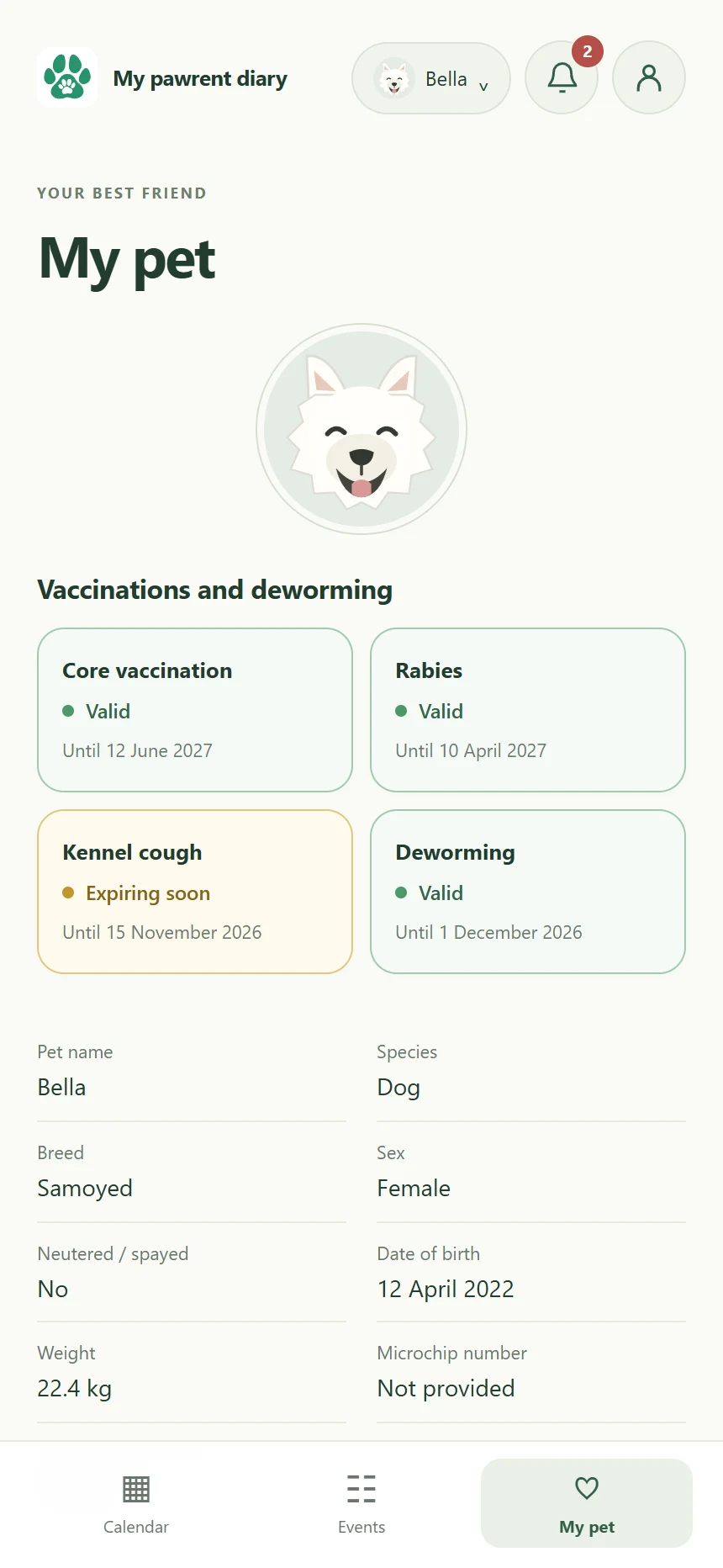My pawrent diary app screen: My pet